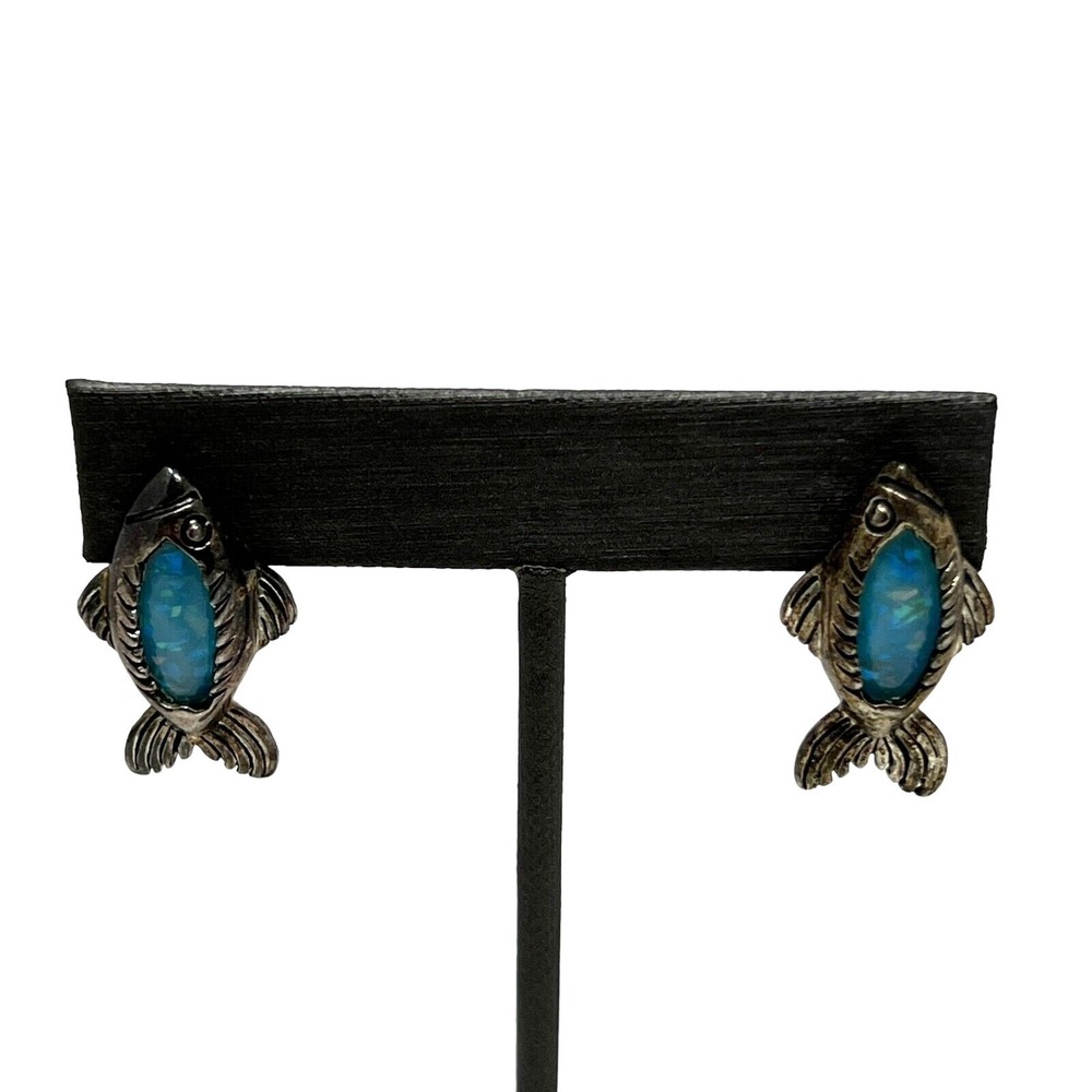 Vintage Pierced Fish Earrings Silver Tone Blue Acrylic Stone